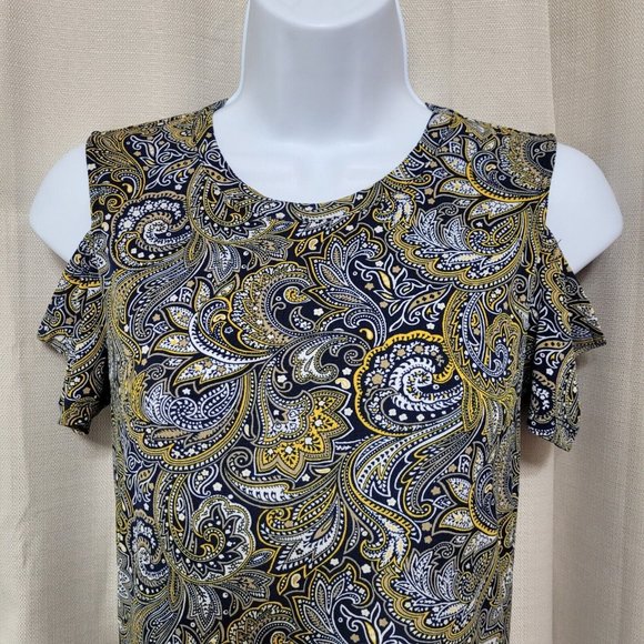 Michael Kors Cold Shoulder Sheath Dress Women's Size XS Navy Blue Yellow Paisley - Picture 2 of 7